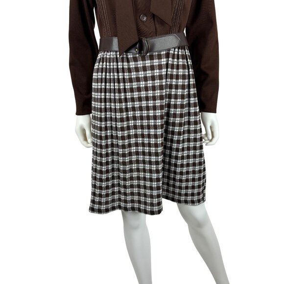 Vintage 70s Secretary Dress Womens L Brown Long Sleeve Ascot Necktie Plaid Skirt - Picture 8 of 11